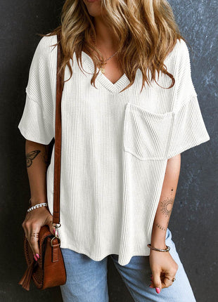 Textured V-Neck Dropped Shoulder T-Shirt - MimiStylez