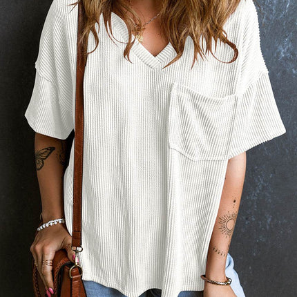 Textured V-Neck Dropped Shoulder T-Shirt - MimiStylez