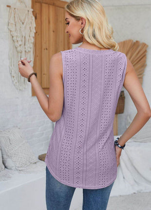Eyelet Decorative Button V-Neck Tank - MimiStylez