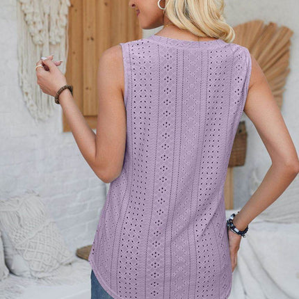 Eyelet Decorative Button V-Neck Tank - MimiStylez