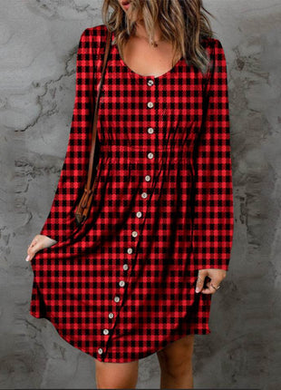 Double Take Full Size Plaid Round Neck Long Sleeve Magic Dress - MimiStylez