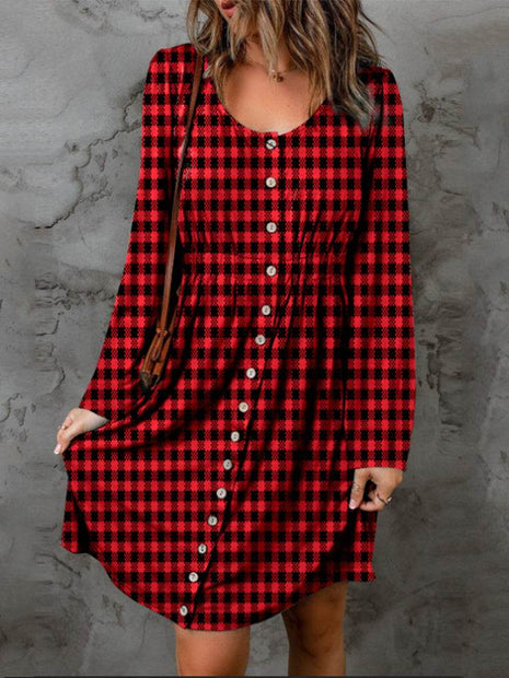 Double Take Full Size Plaid Round Neck Long Sleeve Magic Dress - MimiStylez