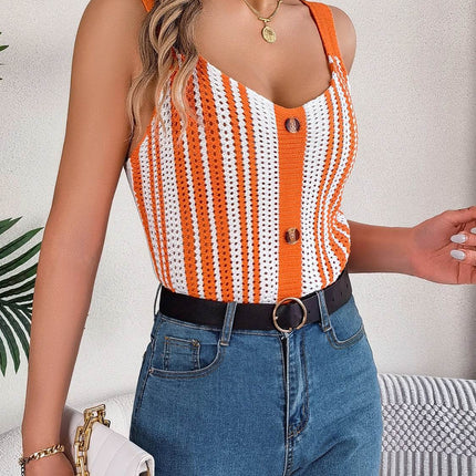 Openwork Striped V-Neck Tank - MimiStylez