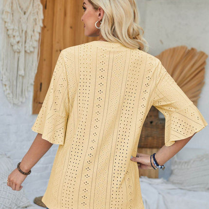 Eyelet Notched Half Sleeve T-Shirt - MimiStylez