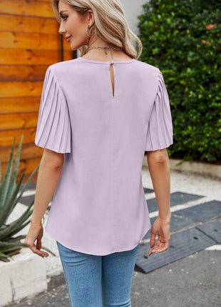 Pleated Flutter Sleeve Round Neck Blouse - MimiStylez