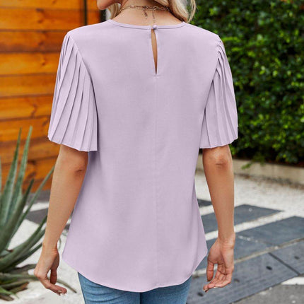 Pleated Flutter Sleeve Round Neck Blouse - MimiStylez