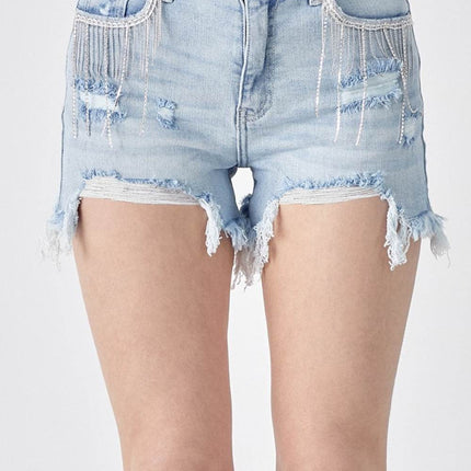 RISEN Frayed Hem Denim Shorts with Fringe Detail Pockets - MimiStylez