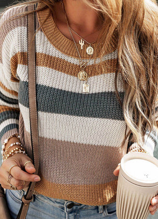 Striped Round Neck Dropped Shoulder Sweater - MimiStylez