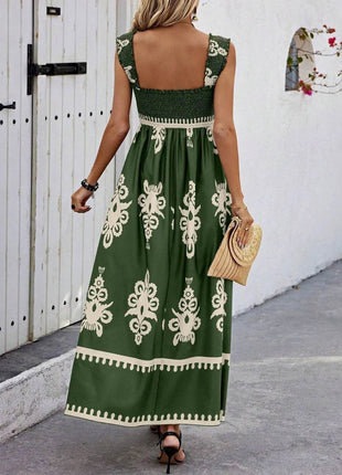 Smocked Printed Wide Strap Maxi Dress - MimiStylez