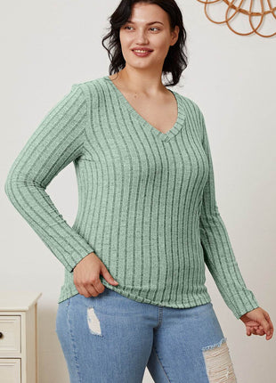 Basic Bae Full Size Ribbed V-Neck Long Sleeve T-Shirt - MimiStylez