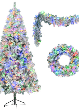 6FT Flocked Pre Lit Christmas Tree - With Tree & Garland & Wreath. - Colored 8 Mode LED Lights and Pine Cones