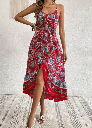 Bohemian Decorative Button Spaghetti Strap Dress - MimiStylez