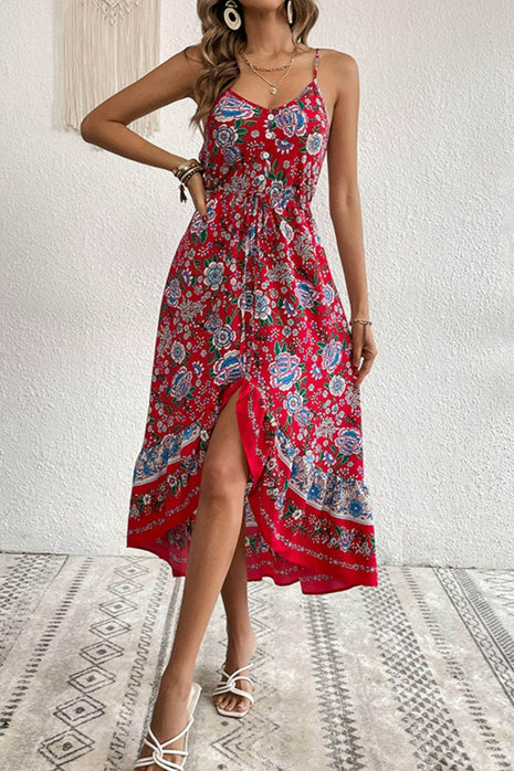 Bohemian Decorative Button Spaghetti Strap Dress - MimiStylez