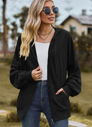 Drawstring Zip Up Dropped Shoulder Hoodie - MimiStylez