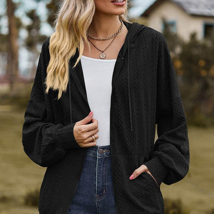 Drawstring Zip Up Dropped Shoulder Hoodie - MimiStylez