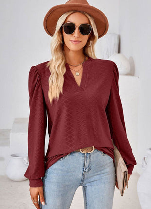 V-Neck Puff Sleeve Blouse - MimiStylez