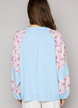 POL Round Neck Balloon Floral Long Sleeve Top - MimiStylez