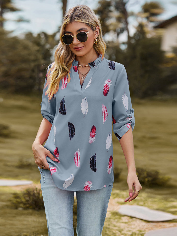 Printed Roll-Tab Sleeve Notched Neck Blouse