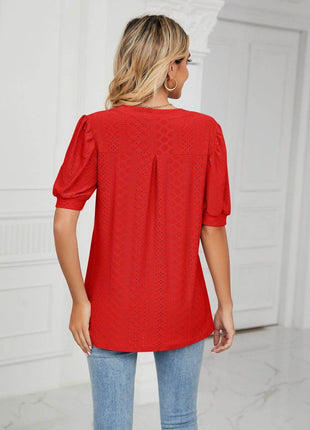 Eyelet Short Puff Sleeve Notched Neck Top - MimiStylez