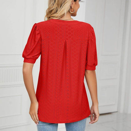 Eyelet Short Puff Sleeve Notched Neck Top - MimiStylez