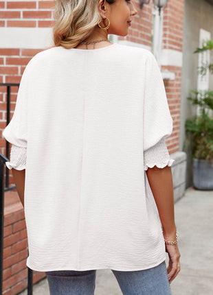 Round Neck Smocked Lantern Sleeve Blouse - MimiStylez
