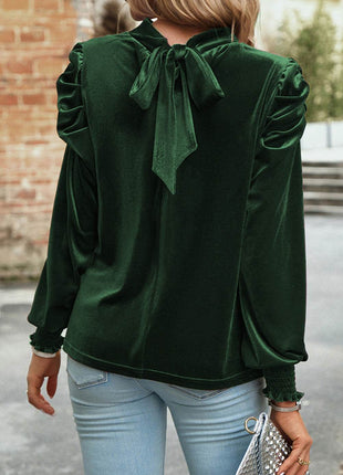 Tie Up Mock Neck Velvet Fabric Long Sleeve Blouse - MimiStylez