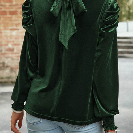 Tie Up Mock Neck Velvet Fabric Long Sleeve Blouse - MimiStylez