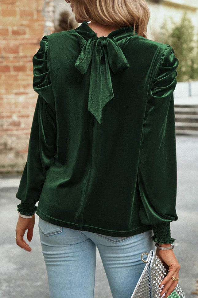 Tie Up Mock Neck Velvet Fabric Long Sleeve Blouse - MimiStylez