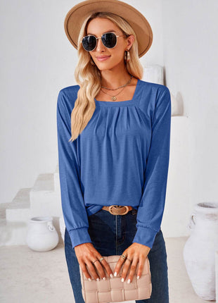 Square Neck Ruched Long Sleeve Blouse - MimiStylez