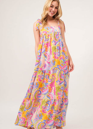 And The Why Full Size Printed Tie Shoulder Tiered Maxi Dress - MimiStylez