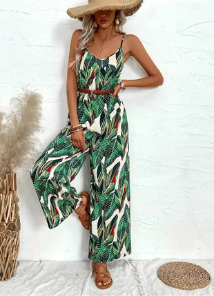 Tropical Print Spaghetti Strap Wide Leg Jumpsuit - MimiStylez
