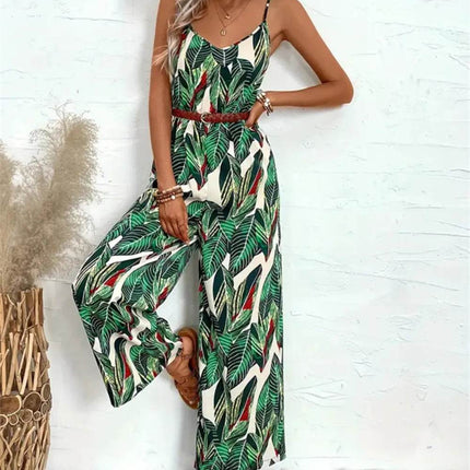 Tropical Print Spaghetti Strap Wide Leg Jumpsuit - MimiStylez
