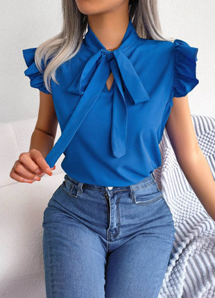 Tie Neck Cap Sleeve Blouse - MimiStylez