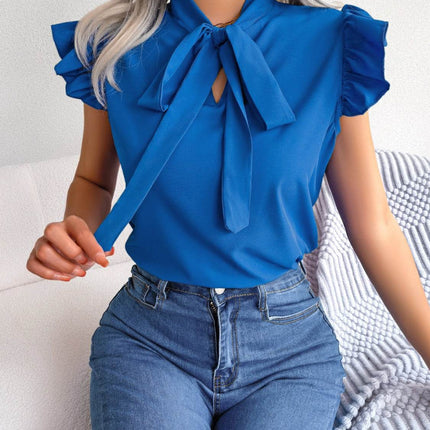 Tie Neck Cap Sleeve Blouse - MimiStylez