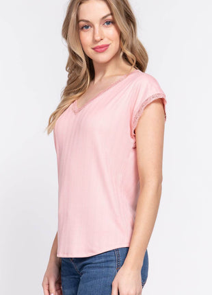 ACTIVE BASIC Lace Trim V-Neck Short Sleeve Ribbed Top - MimiStylez