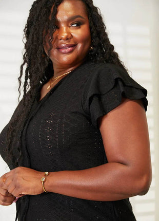 Double Take Eyelet Tie-Neck Flutter Sleeve Blouse - MimiStylez