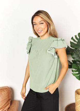 Pleated Detail Flutter Sleeve Blouse - MimiStylez