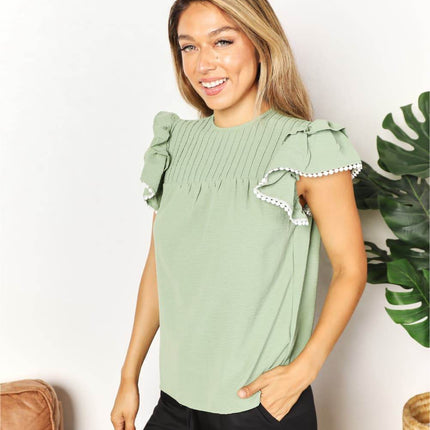 Pleated Detail Flutter Sleeve Blouse - MimiStylez