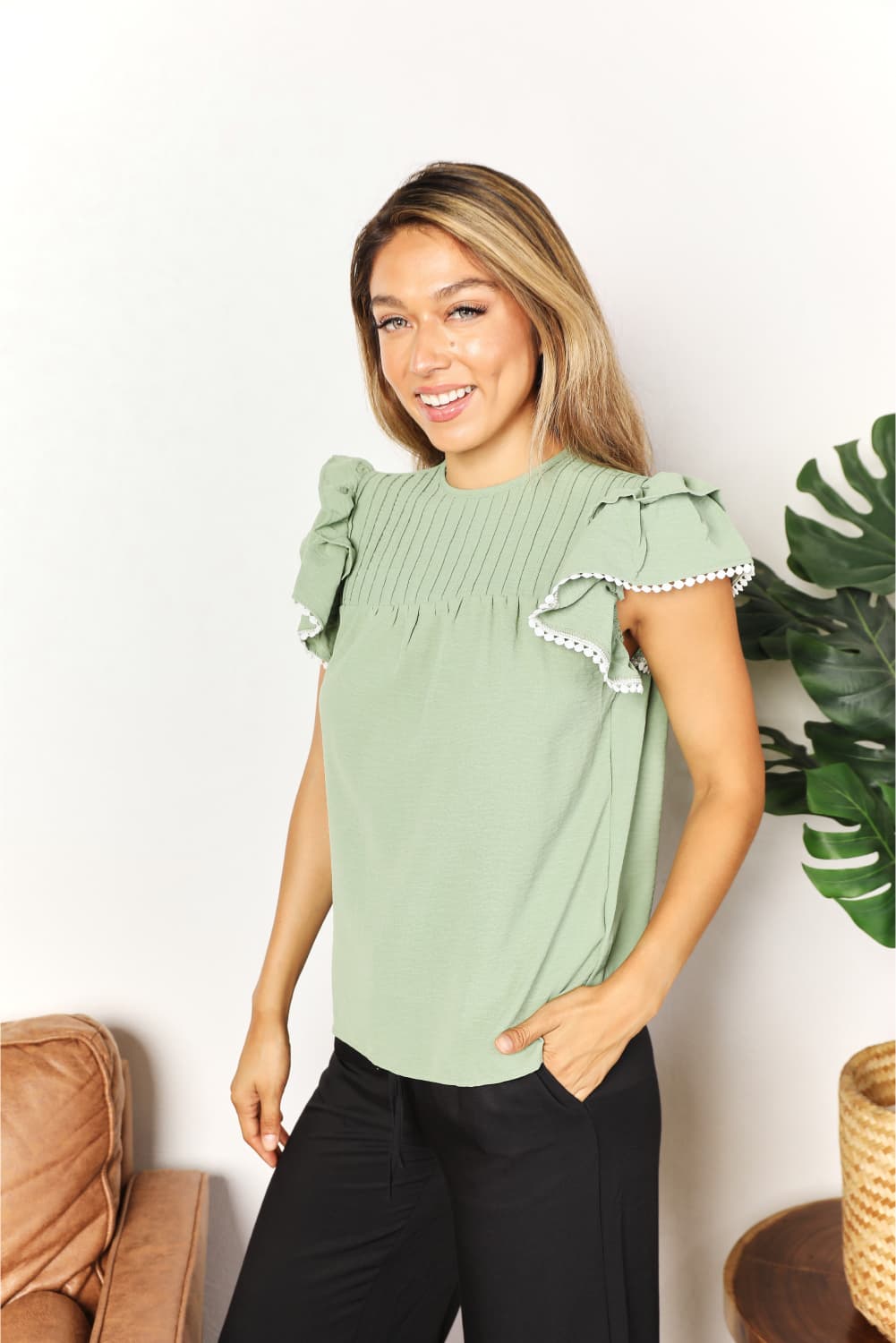 Pleated Detail Flutter Sleeve Blouse