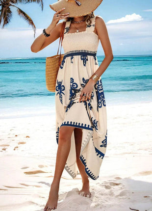 Smocked Printed Wide Strap Maxi Dress - MimiStylez