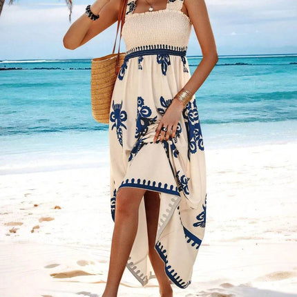 Smocked Printed Wide Strap Maxi Dress - MimiStylez
