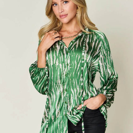 Double Take Full Size Printed Button Up Long Sleeve Shirt - MimiStylez