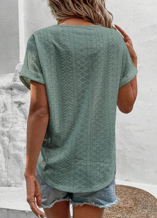 Eyelet V-Neck Short Sleeve Blouse - MimiStylez