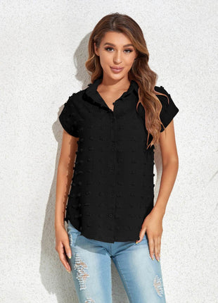Swiss Dot Button Up Cap Sleeve Shirt - MimiStylez