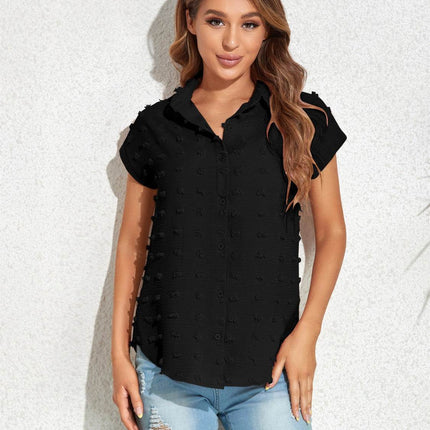 Swiss Dot Button Up Cap Sleeve Shirt - MimiStylez