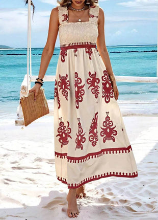 Smocked Printed Wide Strap Maxi Dress - MimiStylez