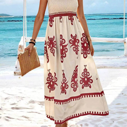 Smocked Printed Wide Strap Maxi Dress - MimiStylez