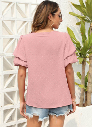 Swiss Dot V-Neck Short Sleeve Blouse - MimiStylez