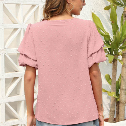 Swiss Dot V-Neck Short Sleeve Blouse - MimiStylez