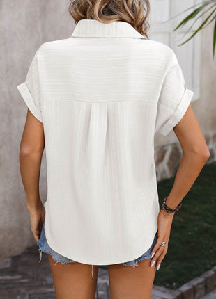 Textured Button Up Cap Sleeve Shirt - MimiStylez